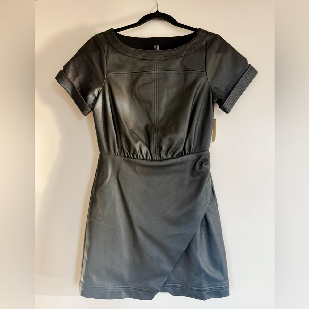 Anthropologie Black Faux Leather Short-Sleeve Mini Dress